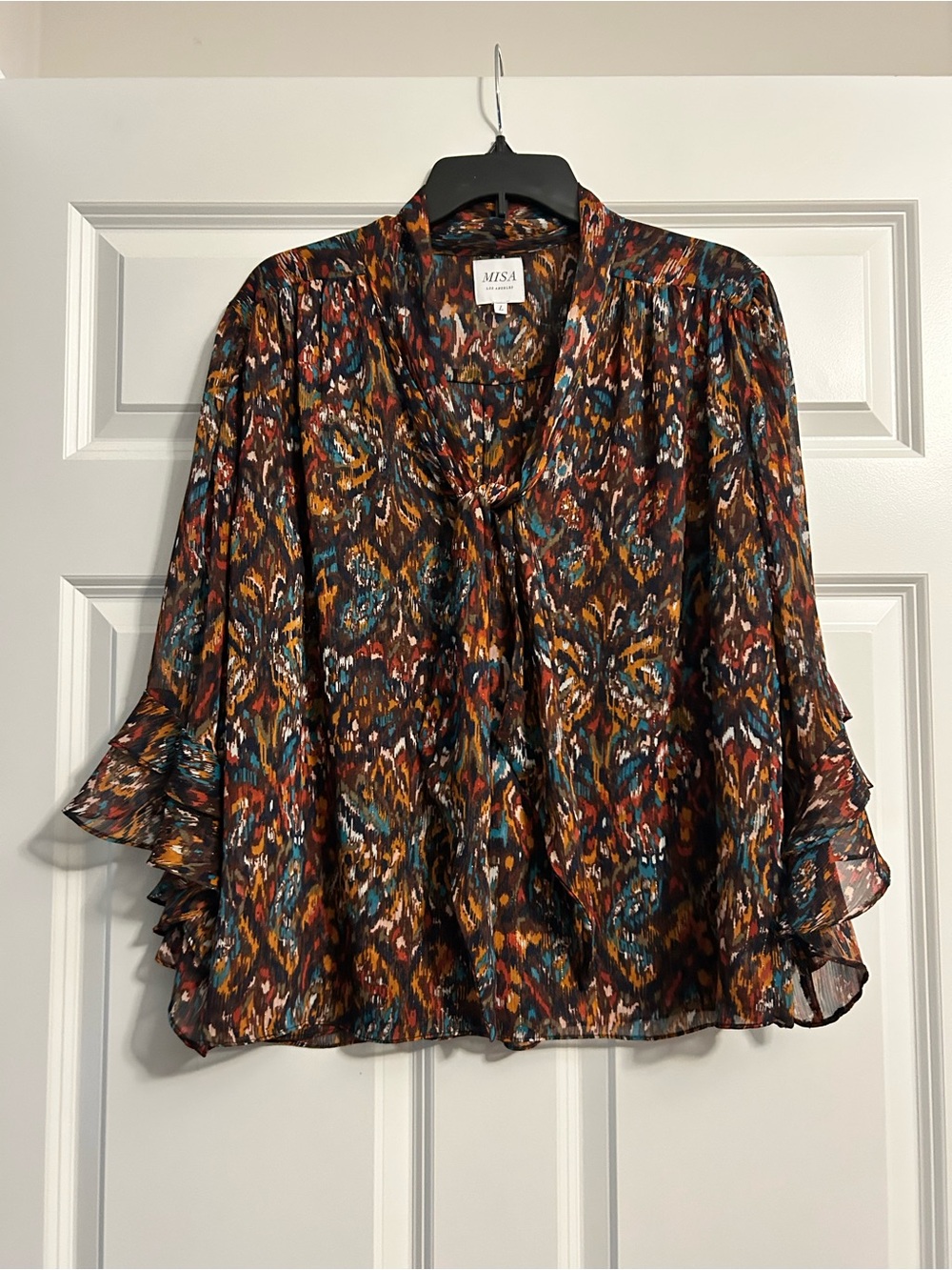 Misa Los Angeles Multicolor Ikat Tie-Neck Blouse with Ruffle Sleeves